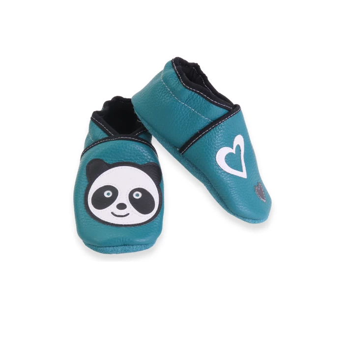 chaussons souple en cuir émeraude panda et coeur 23/24