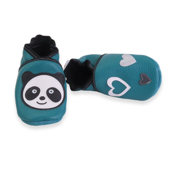 chaussons souple en cuir émeraude panda et coeur 23/24