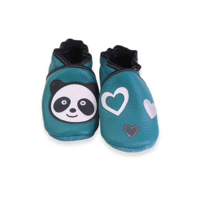 Chaussons souples en cuir émeraude panda et coeur 23/24