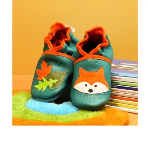 chaussons souples cuir renard et feuilles