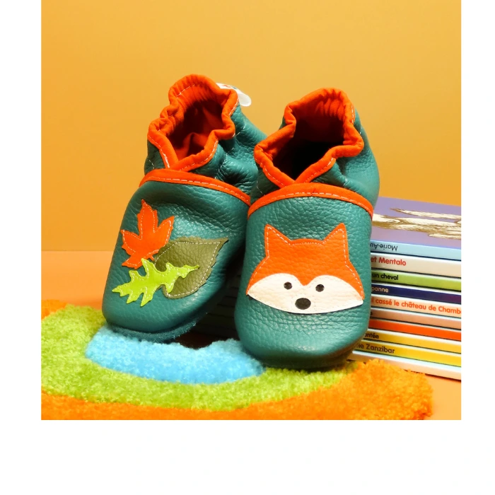 Chaussons cuir souple émeraude - Renardeau & Feuilles 21/22