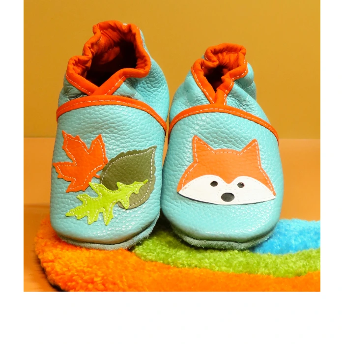 Chaussons cuir souple  turquoise - Renardeau & Feuilles 21/22