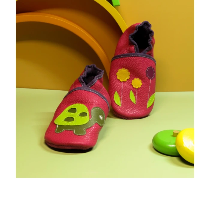 Chaussons cuir souple rose - Tortue & Fleurettes 27/28