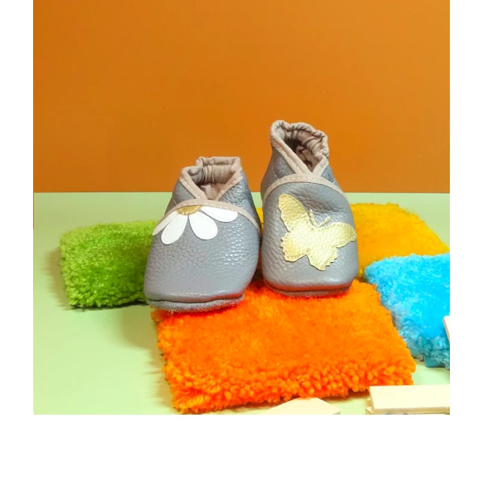 Chaussons cuir souple gris - Papillon & Pâquerette 17/18