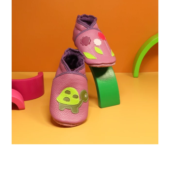 Chaussons cuir souple - Tortue & Fleurettes