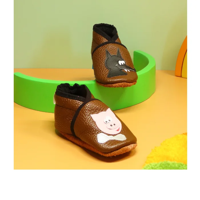 Chaussons cuir souple marron Loup & Cochon 17/18