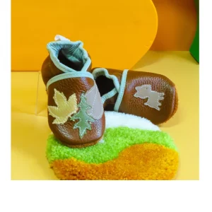 Chaussons bébé cuir marron pointure 17/18 – biche & feuilles d’automne faits main