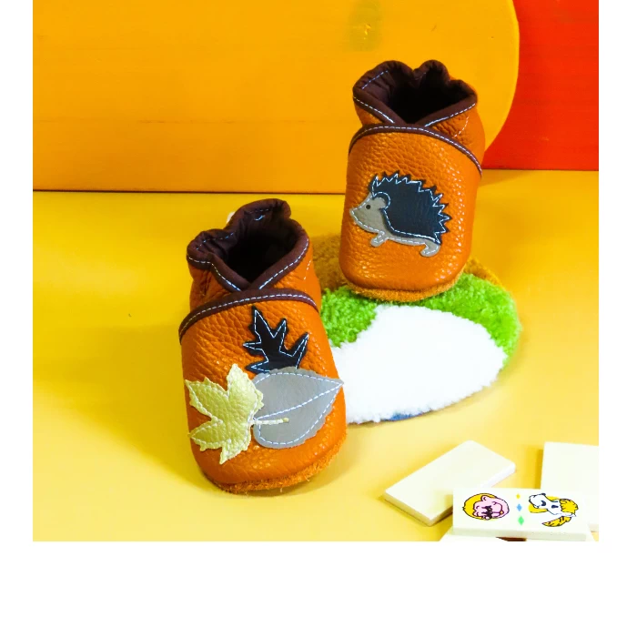 Chaussons cuir souple orange - Hérisson & feuilles 17/18