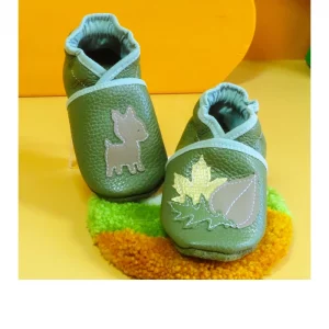 Chaussons cuir souple kaki - Biche & feuilles 19/20