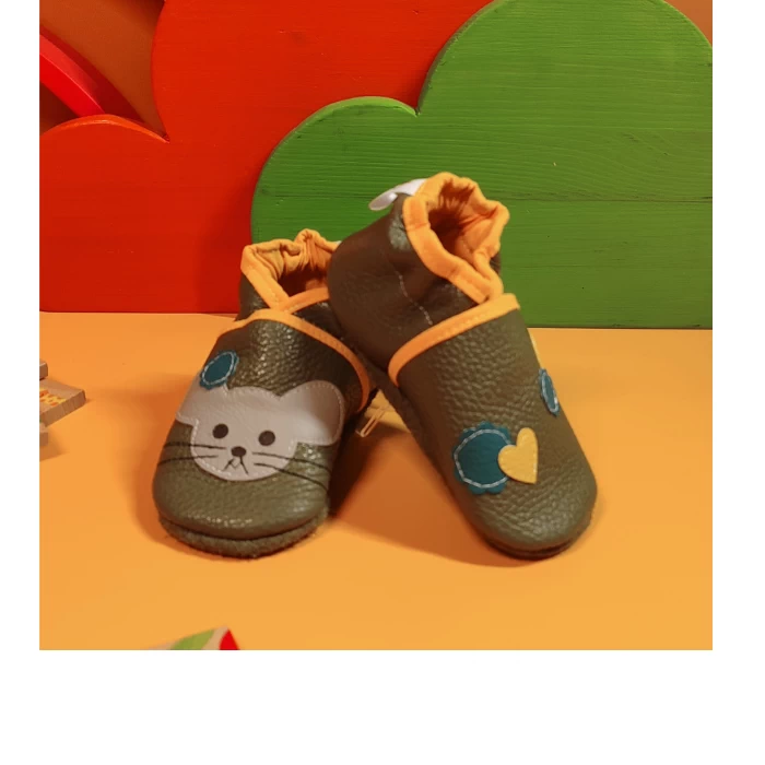 Chaussons souple en cuir kaki - Souris, cœur & fleurs 21/22