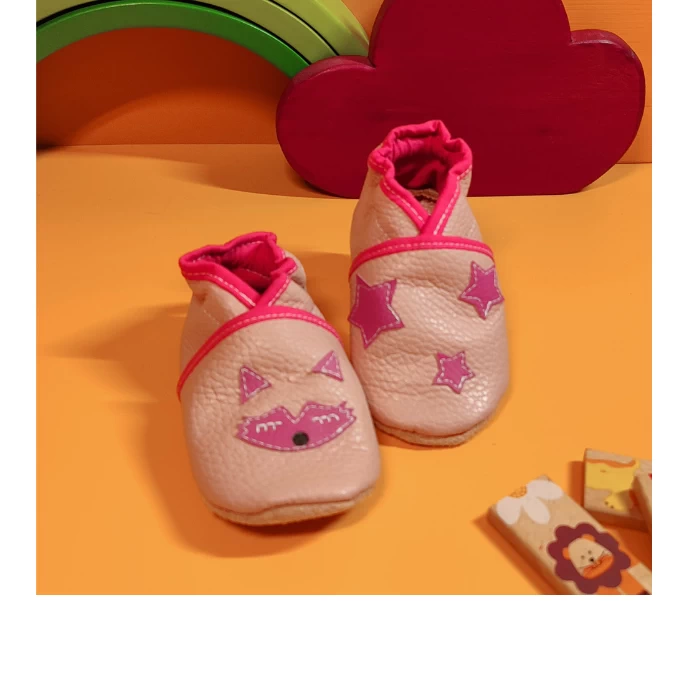 Chaussons cuir souple rose - Renard & étoiles 19/20